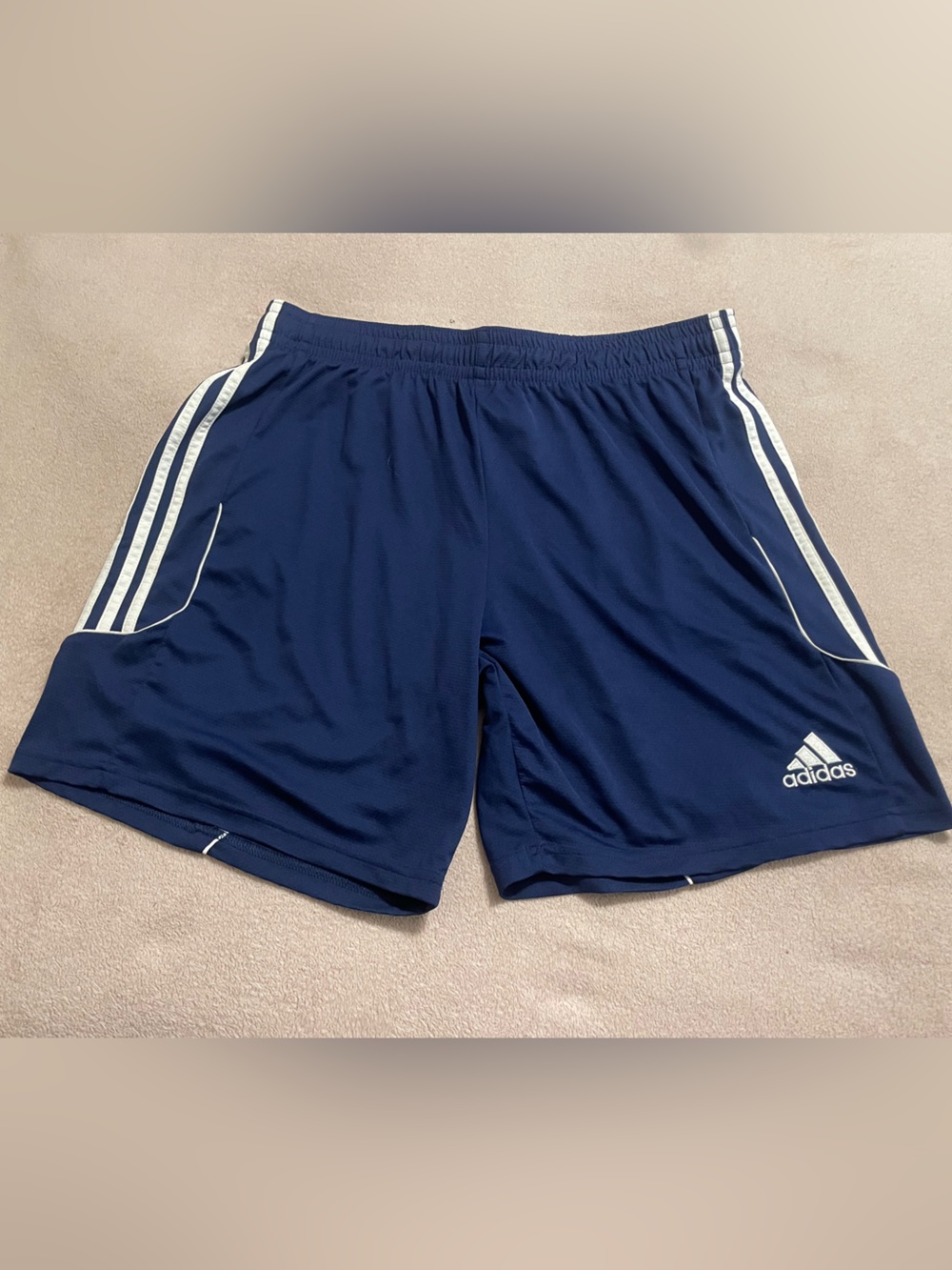 adidas Men's Navy Athletic pocketless Shorts with White Stripes logo size XL